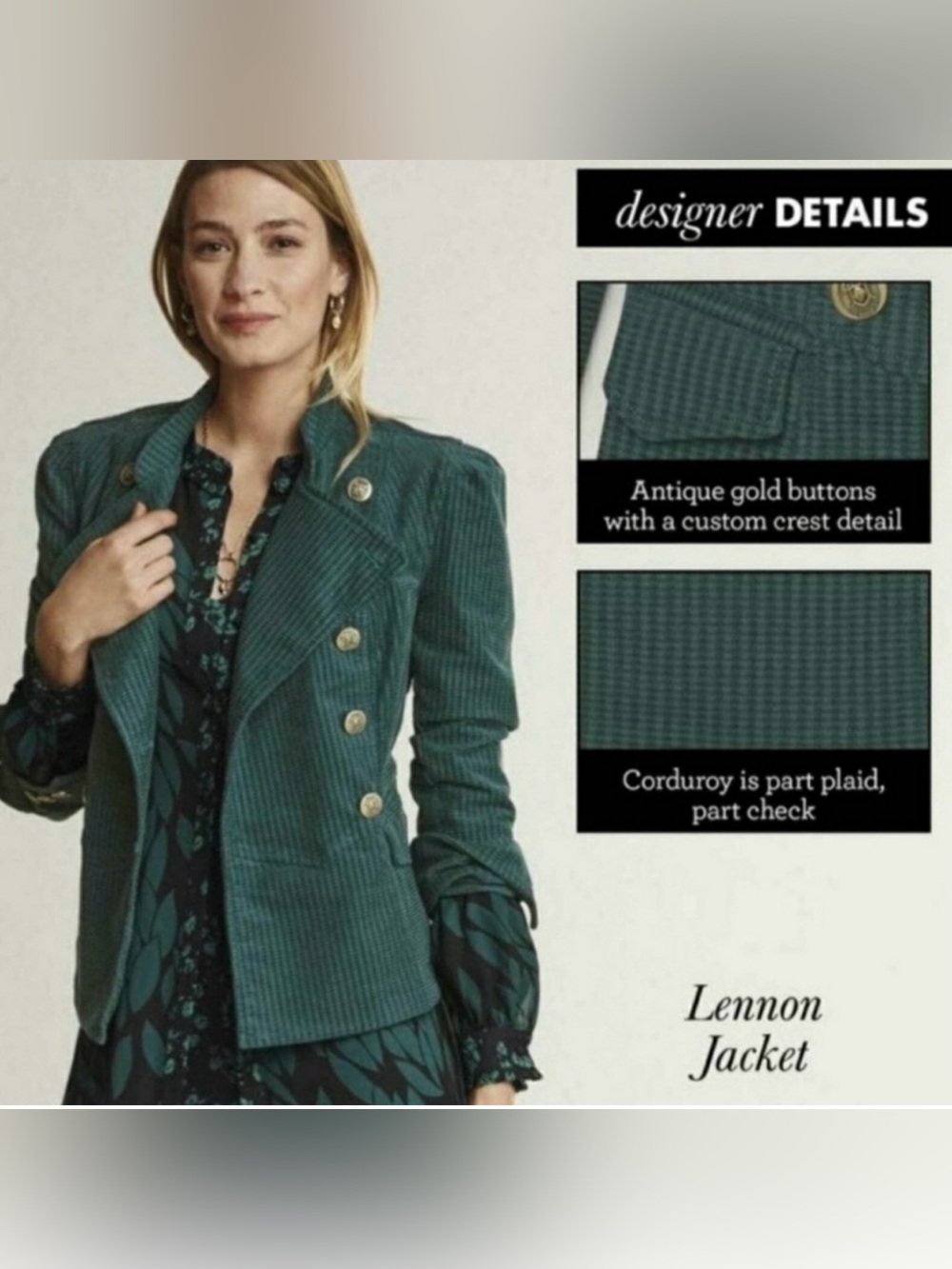 Cabi Lennon Jacket Medium Green Teal Corduroy Military Equestrian Steampunk Coat